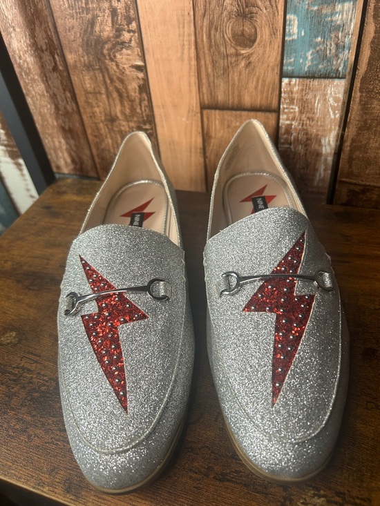 Nine West Shoes - Nine West Silver Glitter Slip-On Loafers with Red Lightning Detail